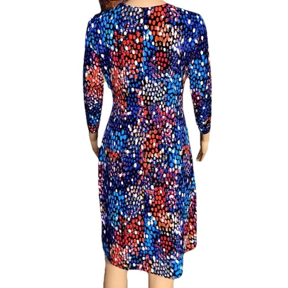 Calvin Klein Blue Colorful Dot Print Ruched Faux Wrap Jersey Dress Sz 12 V Neck - Picture 7 of 11